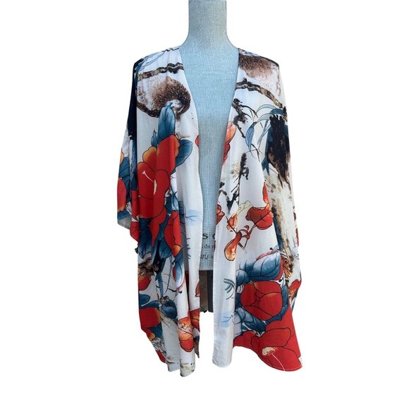 Shein Lightweight Silky Abstract Floral Print Kimono Wrap Coverup - XL - Picture 1 of 8
